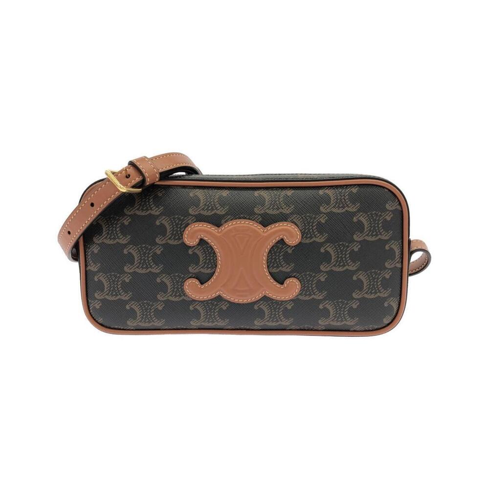 Celine Triomphe Camera Bag canvas monogram tan calfskin Brown
